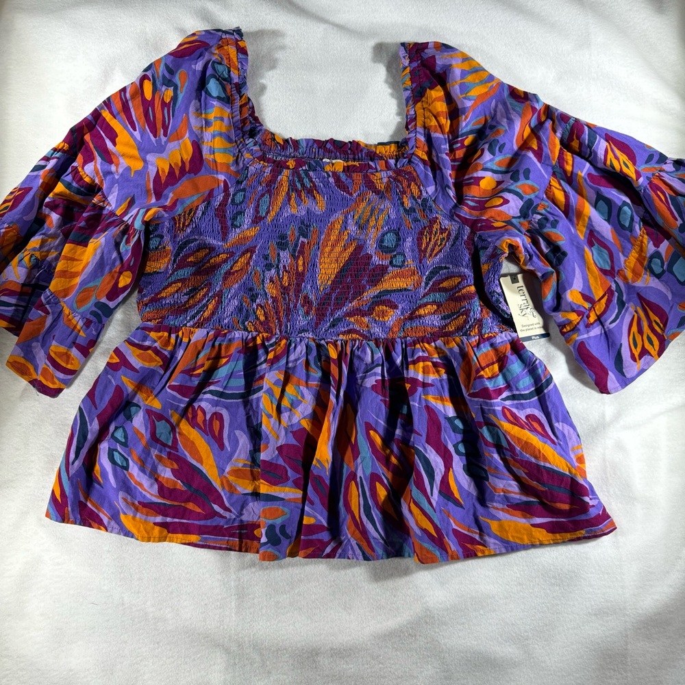 Vibrant Purple and Orange Women's Top abstract feather colorful ruffle stretch